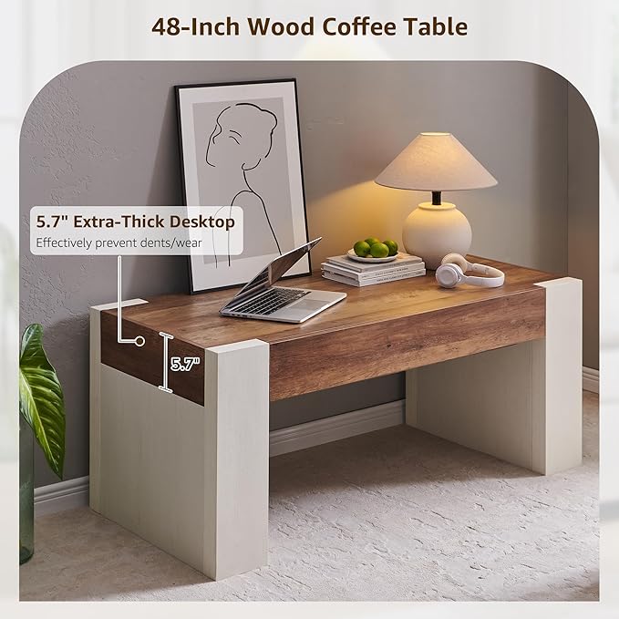 OKD 48" Modern Farmhouse Coffee Table, Wooden Living Room Table with Hidden Storage Drawer, Rustic Rectangular Center Tables with Wood Thick Design for Living Room, Office, Antique White