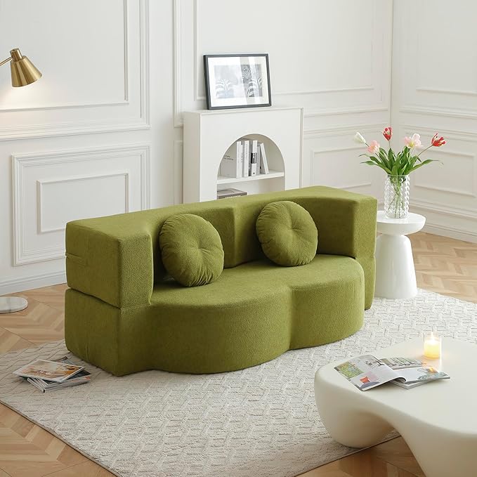 KEIKI 2-in-1 Folding Sofa Bed with Pillow, Queen Sleeper Sofa, Floor & Futon Loveseat Couch, Foam Folding Mattress for Living Room, Guest Use, Office, Apartment, No Assembly Required, Green