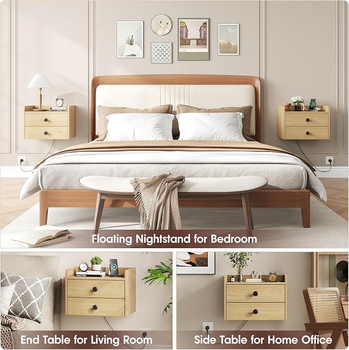 Floating Nightstand Set of 2 with 2 Storage Drawers and Charging Station Wood Wall Mounted Bedside End Table Modern Night Stands Set 2 for Bedroom,Small Space,Natural - Image 7