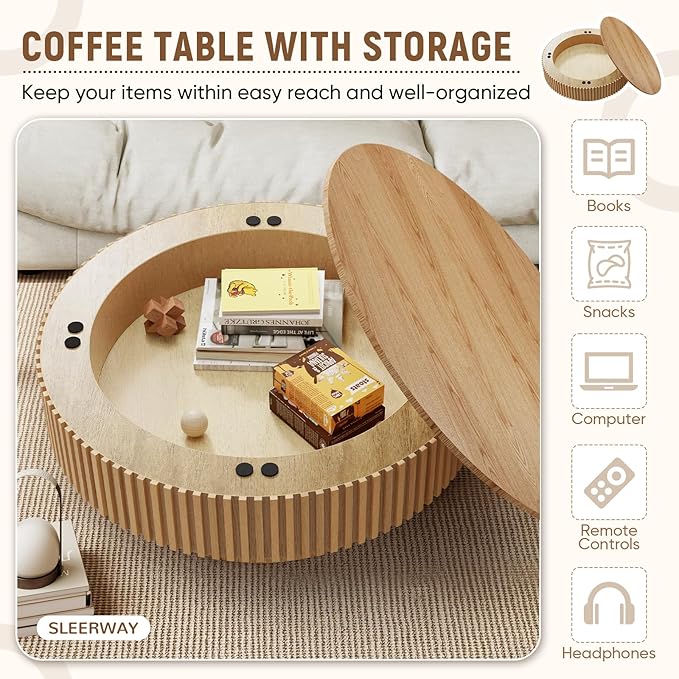 39.37'' Round Coffee Table with Storage, Modern Wooden Fluted Circle Coffee Table Oak Unique Drum Center Table Wood Circular Tea Table for Living Room, Office, Small Apartment, Natural Wood
