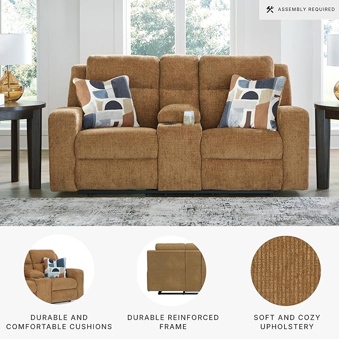 Signature Design by Ashley Kanlow Contemporary Manual Double Reclining Loveseat with Console, Storage, Cup Holders and 2 Accent Pillows, Light Brown