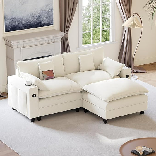 80.7" Modular Sectional Sofa, L Shaped Cloud Couch with Movable Ottoman, Chenille Deep Seat Cloud Sofa with Charging Station, Cup Holder, Side Pocket, Sectional Couches for Living Room, Beige