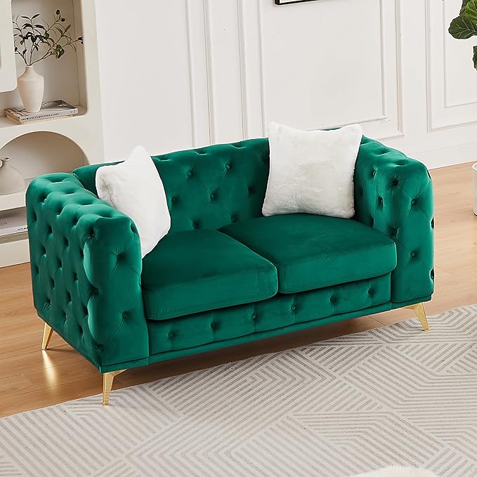 KEIKI 61" Luxury Oversized Velvet Chesterfield Sofa with 2 Pillows, Mid-Century Style 2-Seater Tufted Buttons Couch with High-Density Foam Cushions, Easy Assembly, for Apartment, Living Room, Green
