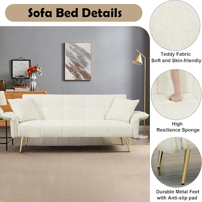 70 inch Upholstered Teddy Fleece Sofabed with Adjustable Arms and Backrest,Modern Convertible Futon Couch W/Metal Legs & Pillows,Love Sofa for Living Room,Bedroom,Apartment,Beige, 70"