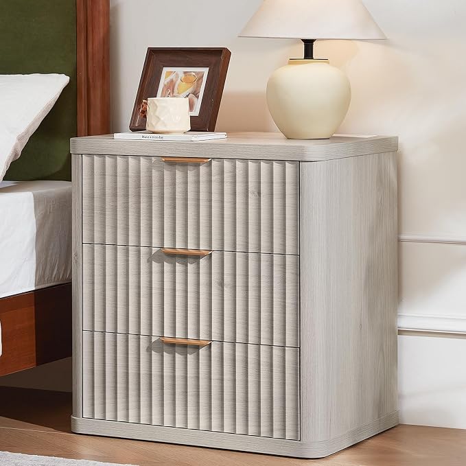 LEYAOYAO Fluted Nightstand with Charging Station, 23" Wide 3 Drawers Night Stand,LightGrey End Table with Open Storage,Farmhouse Bed Side Tables, Wood Dresser for Bedroom, Living Room, Closet by LEYAOYAO-Findtheshiningpointofyourideallife%EF%BC%81