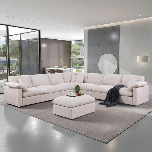 144-Inch Oversized L-Shaped Symmetrical Sectional Cloud Sofa,Modern 8 Seat Modular Cloud Sofa Luxury Convertible Couch with 6 Pillows and Movable Ottoman for Living Room
