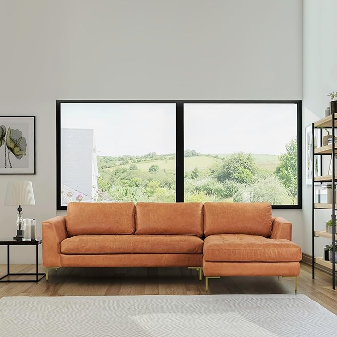 Poly & BARK Calle Right-Facing Sectional in Full-Grain Pure-Aniline Italian Tanned Leather in Cognac Tan and Brass Legs