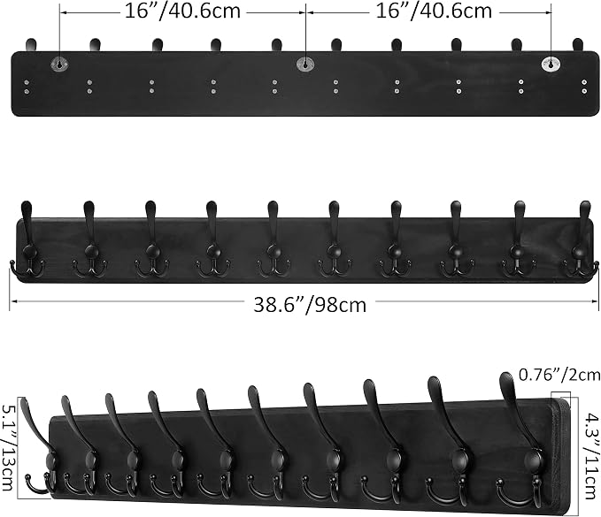 SKOLOO Coat Rack Wall Mounted - 38.3'' Long, Wooden, Heavy Duty, Rustic Coat Hooks for Wall, 16'' Hole to Hole, Wall Coat Rack with 10 Triple Hooks for Hanging Clothes, Jacket, Hat(Black) - Image 5