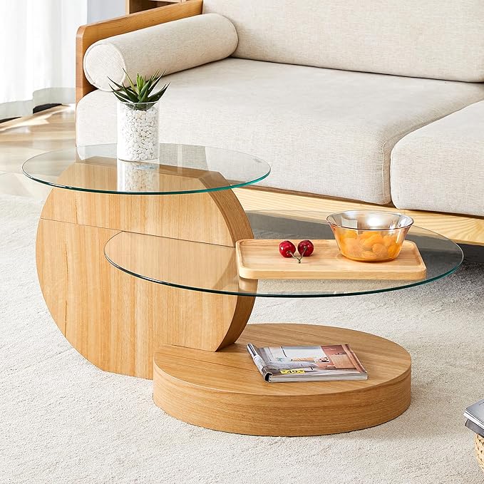 35.4" Glass Coffee Table, Small Round Coffee Table, 2-Tier Tempered Glass Tabletop with Wooden Base, Modern Center Table for Living Room, Home, Apartment, Ideal for Small Space