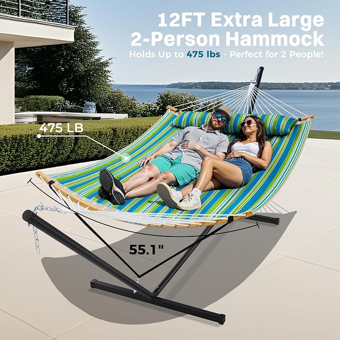 SUPERJARE Curved-Bar Hammock with Stand, 2 Person Heavy Duty Hammock Frame, Detachable Pillow & Portable Carrying Bag, Perfect for Outdoor & Indoor, Thin Blue and Green Stripes - Image 3