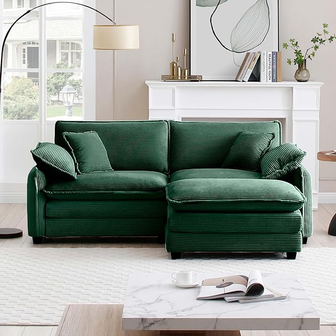 KEIKI 81" L-Shaped Oversized Corduroy Modular Sectional Loveseat Sofa with 1 Ottoman, High-Density Foam Cushions, Removable Armrests, Upholstered 2-Seater Couch with 4 Pillow, for Living Room, Green