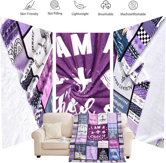 Christian Gifts for Women, Birthday Gift for Women, I Am a Child of God Blanket, Inspirational Gifts for Christians Sister, Friend, Daughter, Mom, Baptism Gifts for Girl Throw Blanket 80''x60'' Purple