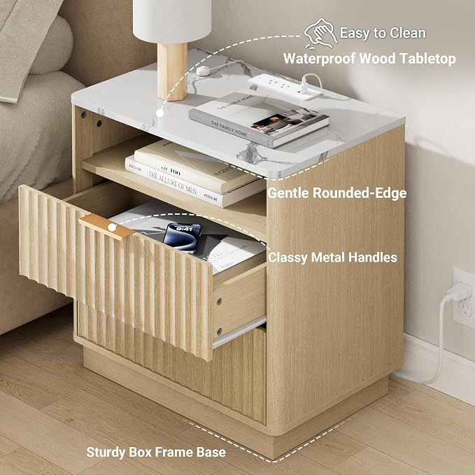 Fluted Nightstand, 23" Wide Night Stand, 2 Drawer Large Nightstand with Faux Marble Top & Charging Station. Modern Ene Table w/Storage, Bedside Table for Bedroom, Curved Corners,Natural Oak - Image 5