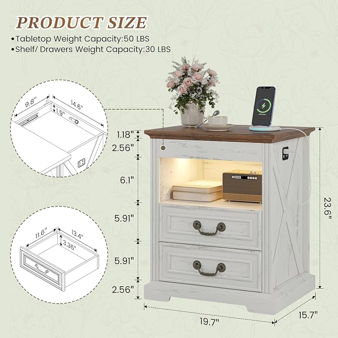Dystler Night Stand with Gun Drawer, Bedside Table with LED Light & Human Sensor, Nightstand Gun Safe with 2 Drawers for Bedroom, Farmhouse End Table with Charger Station, Antique White - Image 2