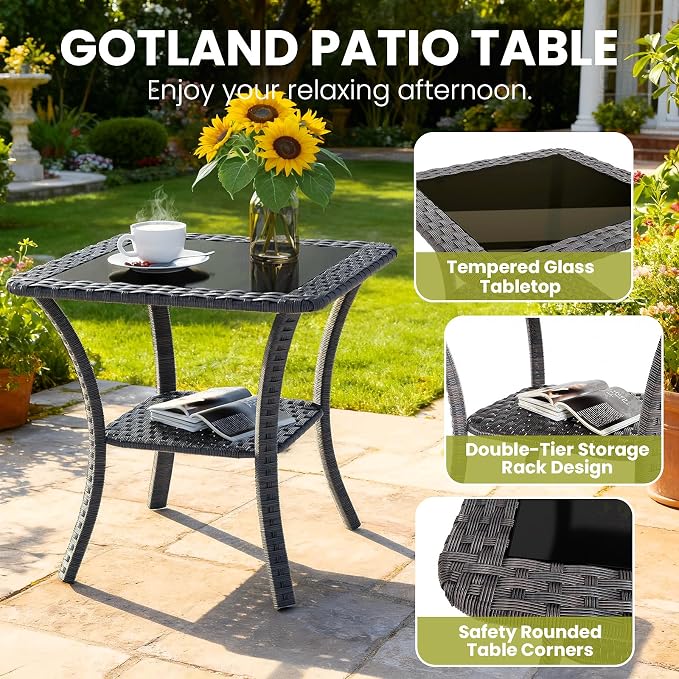 Gotland Outdoor Swivel Chairs Set of 2, 3 Pieces Patio Furniture Set with Thick Cushion, Wicker Rocking Patio Chairs Set of 2, Patio Bistro Set with Double-Layer Coffee Table for Balcony Porch Khaki - Image 4