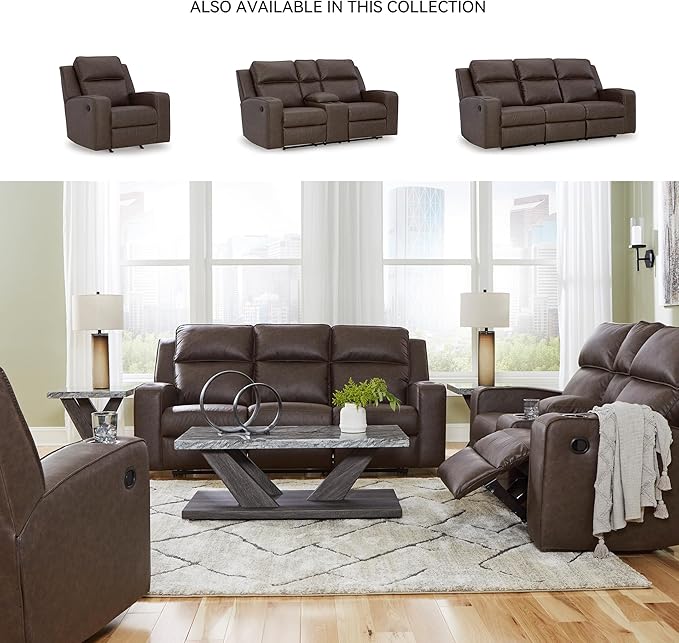 Signature Design by Ashley Lavenhorne Modern Faux Leather Manual Reclining Loveseat with Console and Cup Holders, Dark Brown
