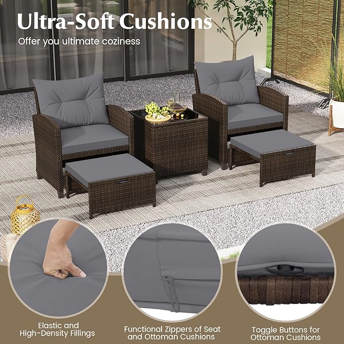 KOTEK 5 Pieces Patio Furniture Set with Ottomans, Wicker Patio Conversation Set with Coffee Table & Cushions, PE Rattan Outdoor Lounge Chairs for Backyard, Porch, Poolside (Mix Brown- Grey)