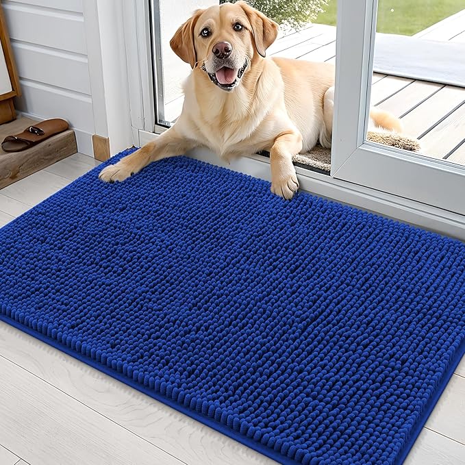 OLANLY Dog Door Mat for Muddy Paws 35x24, Absorbs Moisture and Dirt, Absorbent Non-Slip Washable Doormat, Quick Dry Chenille Mud Mat for Dogs, Entry Indoor Entryway Carpet for Inside Floor, Royal Blue by OLANLY