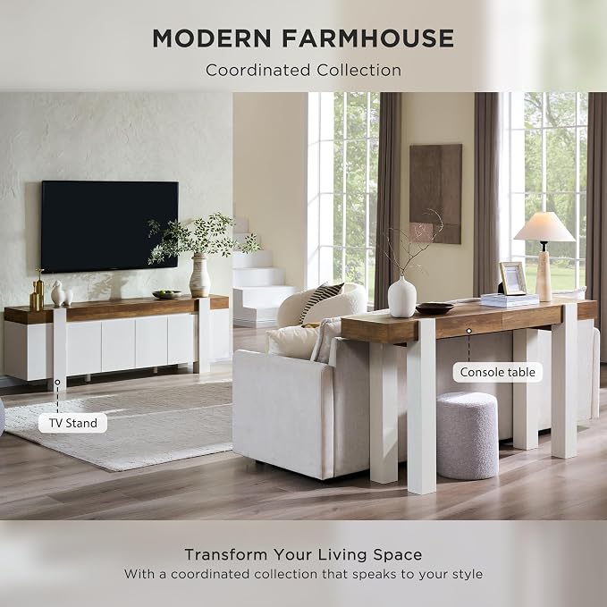 OKD Modern Farmhouse TV Stand, 70" Long Media Console Table with Storage Cabinet, Wooden Entertainment Center for Living Room, Antique White - Image 6
