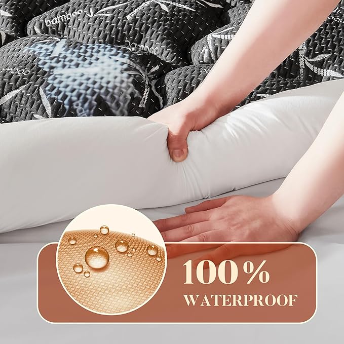 PRIMESOFT 100% Waterproof Queen Size Mattress Topper, Thick Pillow Top Mattress Pad，Up to 24 Inch Deep Pocket,Soft Breathable Mattress Pad for Back Pain, Protector Cover(Black)