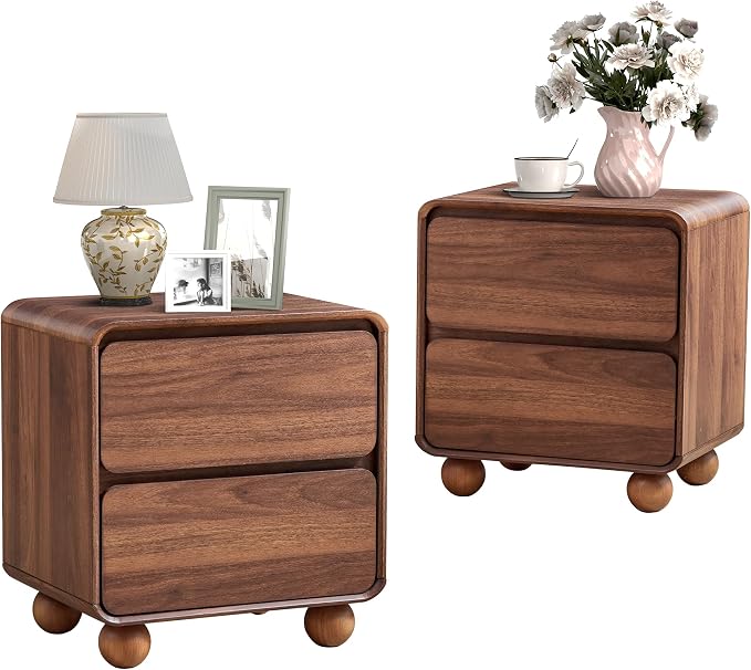 Small Night Stand Set of 2, Mid Century Modern Nightstands with 2 Drawers and Solid Wood Legs, 2 Drawer Dresser Curved Profile Design End Table Side Table for Small Space, Dorm, Bedroom(Walnut) by AVZEAR