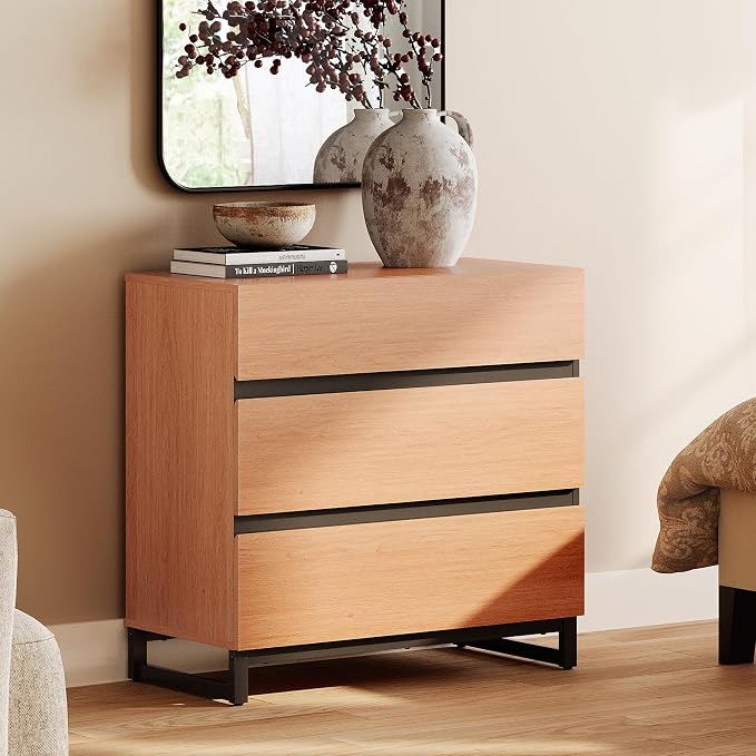 WAMPAT Nightstand with 3 Drawers for Bedroom, Modern Bedside Table with Black Square Metal Leg, Wood Rustic Side End Table, Mocha, 2 Pcs - Image 2