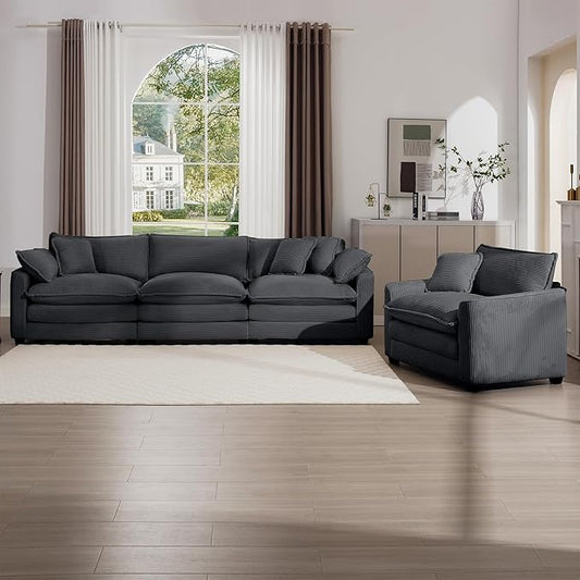 KEIKI 2-Piece Sofa Set with 1 Oversized Corduroy 3-Seater Sofa & 1 Single Sofa, Upholstered 4-Seater Couch Set with 6 Pillow, High-Density Foam Cushions, Removable Armrests, for Living Room, Grey