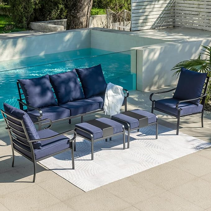 5 Piece Patio Furniture Set, Metal Patio Conversation Set with 1x3 Seater Sofa & 2xFixed Chairs & 2xOttomans, 5.75'' Extra Thick Cushion for Lawn Garden Backyard, Navy Blue