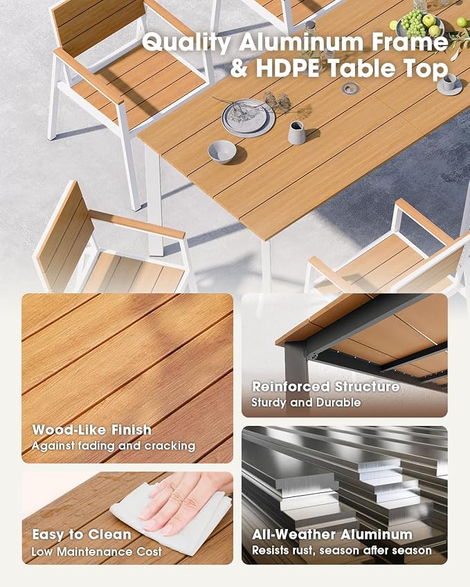 Outdoor Dining Table, Aluminum Patio HDPS Outdooor Table with Umbrella Hole, All Weather Patio Furniture Set, Patio Dining Table (White & Teak) - Image 2