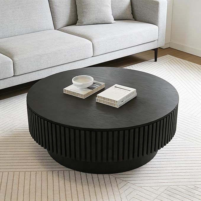 Round Coffee Table with Storage, Modern Fluted Wood Coffee Tables with Sturdy Base, 31.5" Drum Circle Center Tea Table for Living Room Apartment, Easy Assemble - Black