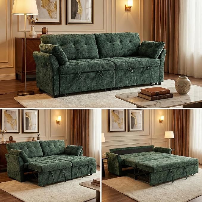 Casaphoria 3 in 1 Sleeper Sofa Bed Reclining Convertible Couch with USB & Wheels – Adjustable Lounge Chair for Living Room Apartment 3-Seater 89.8 Inch in Green