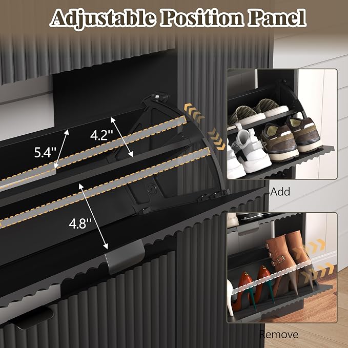 Shoe Cabinet Storage for Entryway with 3 Flip Drawers & Side Cabinet, Fluted Narrow Shoe Organizer with Wooden Leg, Freestanding Shoe Storage Hidden Shoe Rack Organizer for Front Door Entrance, Black - Image 5