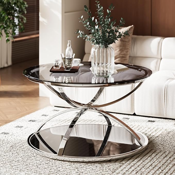 32" Tempered Glass Round Coffee Table Modern Chrome Frame Dome Base Two Tiers Circle Living Room Center Tables