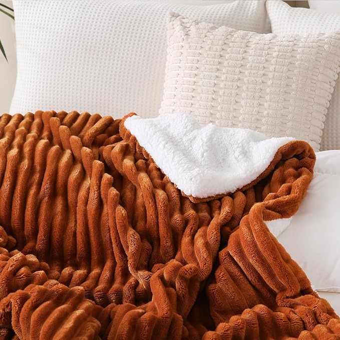 Burnt Orange Sherpa Fleece Throw Blanket 108”×90” for Couch Sofa Bed,Super Soft Cozy Plush Double Side Thick Flannel Blanket with Striped Design Lightweight for Adults,Woman,Girls