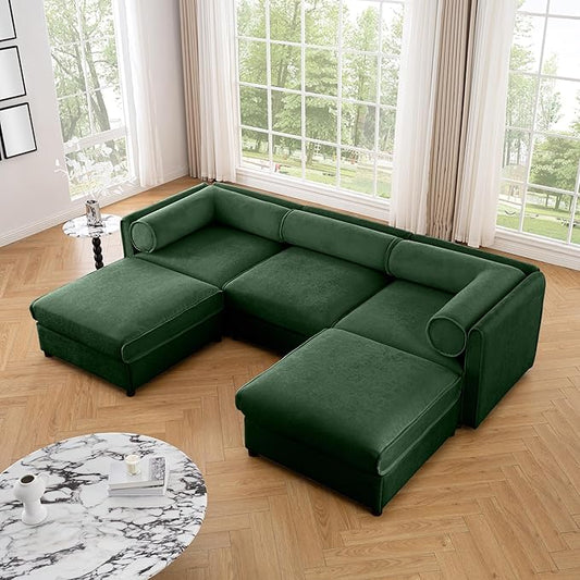 KEIKI 109" U-Shaped Modular Chenille Sectional Sofa with Storage Seat, 2 Ottoman, 3-Seater Couch with Cylindrical Backrest and Armrests, Easy Assembly, for Apartment, Living Room, Green