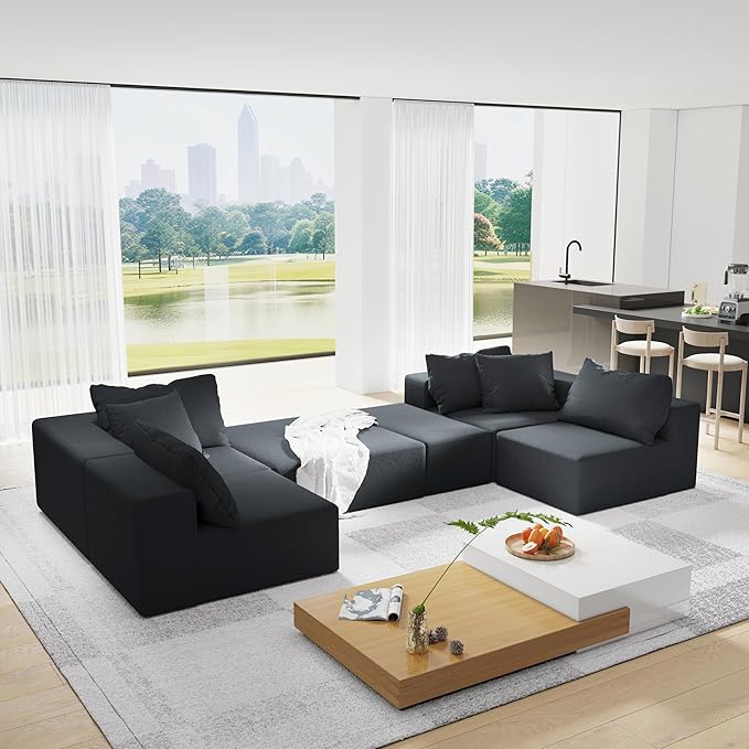KEIKI Sectional Sofa Couch Set, Modular 132" L Shaped Couch Set with 6 Pillows, Free Combination Upholstered Sofa Couch for Living Room, Bedroom, Black