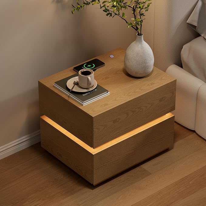 homary Smart Nightstand Set of 2 with Wireless Charging Station, USB & Type-C Ports, LED Light, 2 Drawers – Modern Natural Bedside Table for Bedroom Storage - Image 6