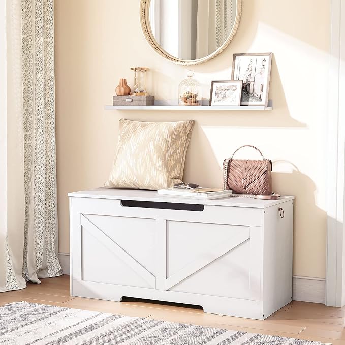 HOOBRO Storage Bench, 39.4” Retro Wooden Storage Chest with U-Shaped Cut-Out Pull, Safety Hinge, Supports 220 lb and Easy Assembly for Toy Box Organizer (White) WT771CW01 - Image 5