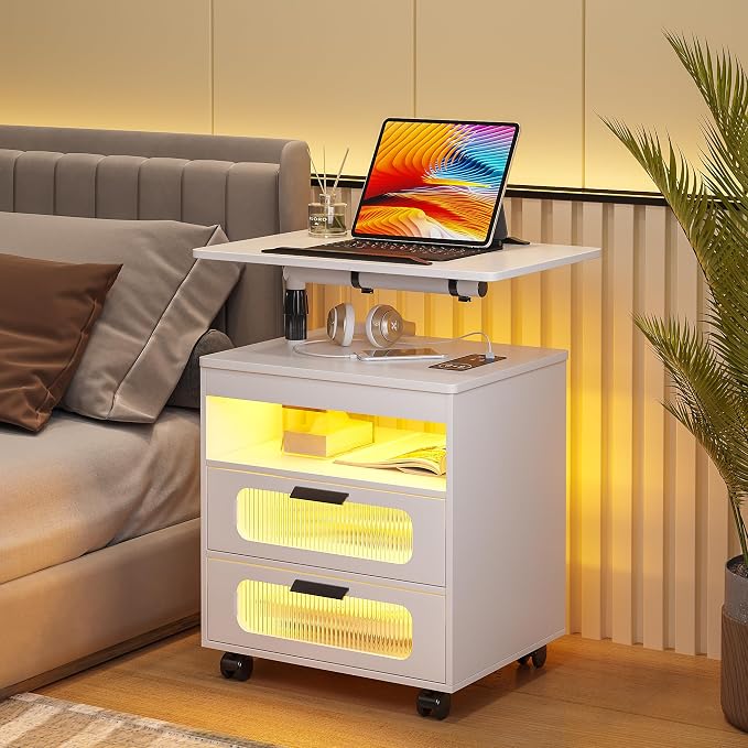 HNEBC LED Nightstand Set of 2 with Charging Station & Adjustable Overbed Desk, 3 Color LED Lights & Body Sensor, Mobile Bedside Table with Wheels, 2 Drawers & Open Shelf for Bedroom(White) - Image 2