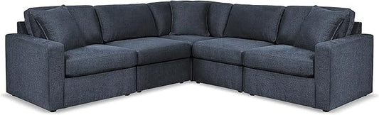 Signature Design by Ashley Modmax Contemporary Stain Resistant 5-Piece Sectional with Armrest, Throw Pillows and Reversible Cushions, Blue