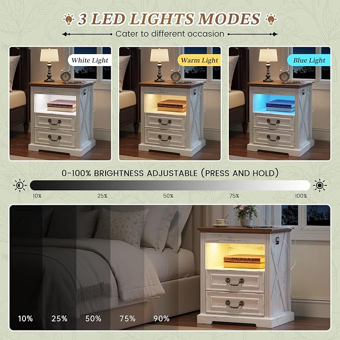 Dystler Night Stand with Gun Drawer, Bedside Table with LED Light & Human Sensor, Nightstand Gun Safe with 2 Drawers for Bedroom, Farmhouse End Table with Charger Station, Antique White - Image 6