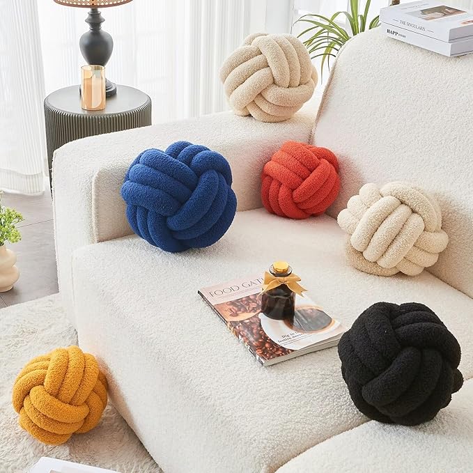 LUSJNGE Decorative Throw Knot Pillow Ball for Home Chair Sofa Couch Bed Aesthetic Round Decor Pillows Lambswool Knotted Pillow Cushion (Black, 11 inches)