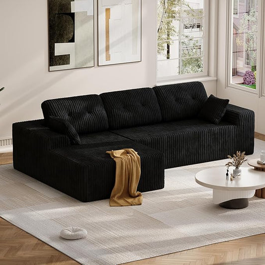 Ball & Cast 106" Modular Sectional Sofa, Cloud Corduroy Couch with Deep Seat, Boneless L-Shaped Sectional, Upholstered Modular Sofa for Living Room, No Assembly Required (Black, Left Facing Chaise)