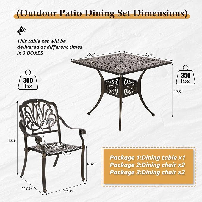 Cast Aluminum Outdoor Patio Dining Set, All Weather Outdoor Furniture Dining Set for Patio, Balcony, Lawn, Garden, Backyard (1 Square Table+ 4 Dining Chairs) - Image 3