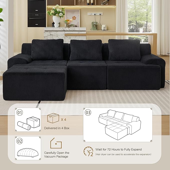 Modular Sectional Sofa, 6 Seat Modular Couch, Modular Sofa with Deep Seat and Detachable Pillow (Black, 4 Pieces-L Shape)
