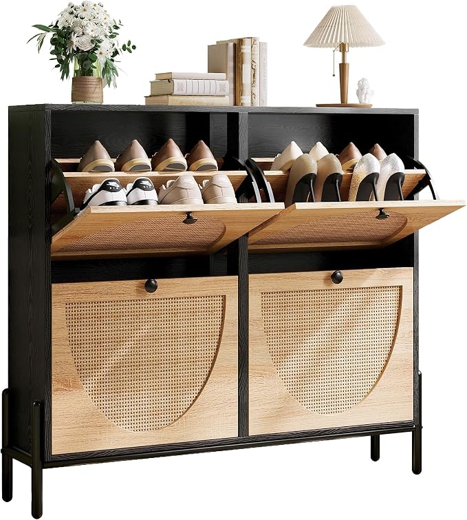 IRONCK Rattan Shoe Cabinet Storage with 4 Flip Drawers, Freestanding Shoe Storage Organizer Cabinet for Entryway, Narrow Shoe Rack Cabinet, Black by IRONCK