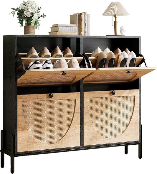 IRONCK Rattan Shoe Cabinet Storage with 4 Flip Drawers, Freestanding Shoe Storage Organizer Cabinet for Entryway, Narrow Shoe Rack Cabinet, Black by IRONCK