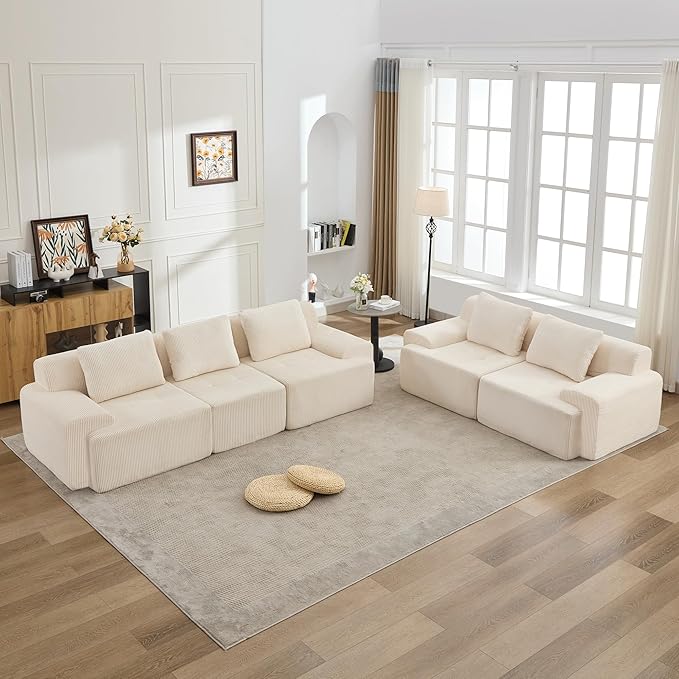 KIGOTY Modular Sectional Sofa Set, 5 Pcs Comfy Cloud Sectional Couch with Deep Seat, Modern Boneless Couch for Living Room, No Assembly Required,White