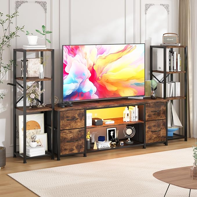 LED TV Stand Bookshelf Combo with Charging Station for 65 60 55 Inch TV, Entertainment Center with Lights & Drawers, Industrial Media TV Console Table for Living Room Bedroom Office, Rustic Brown by CREATEDFORSMARTHOMES