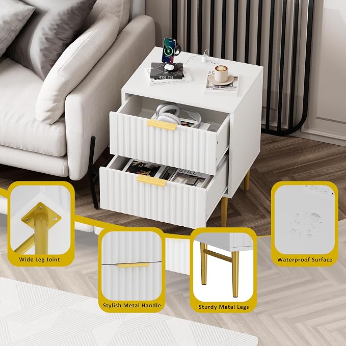 HQZX White Nightstand with Charging Station, Fluted Night Stand with Wide Tabletop, Modern Bedside Table with 2 Drawers, White and Gold Nightstand, End Tables for Bedroom - Image 4